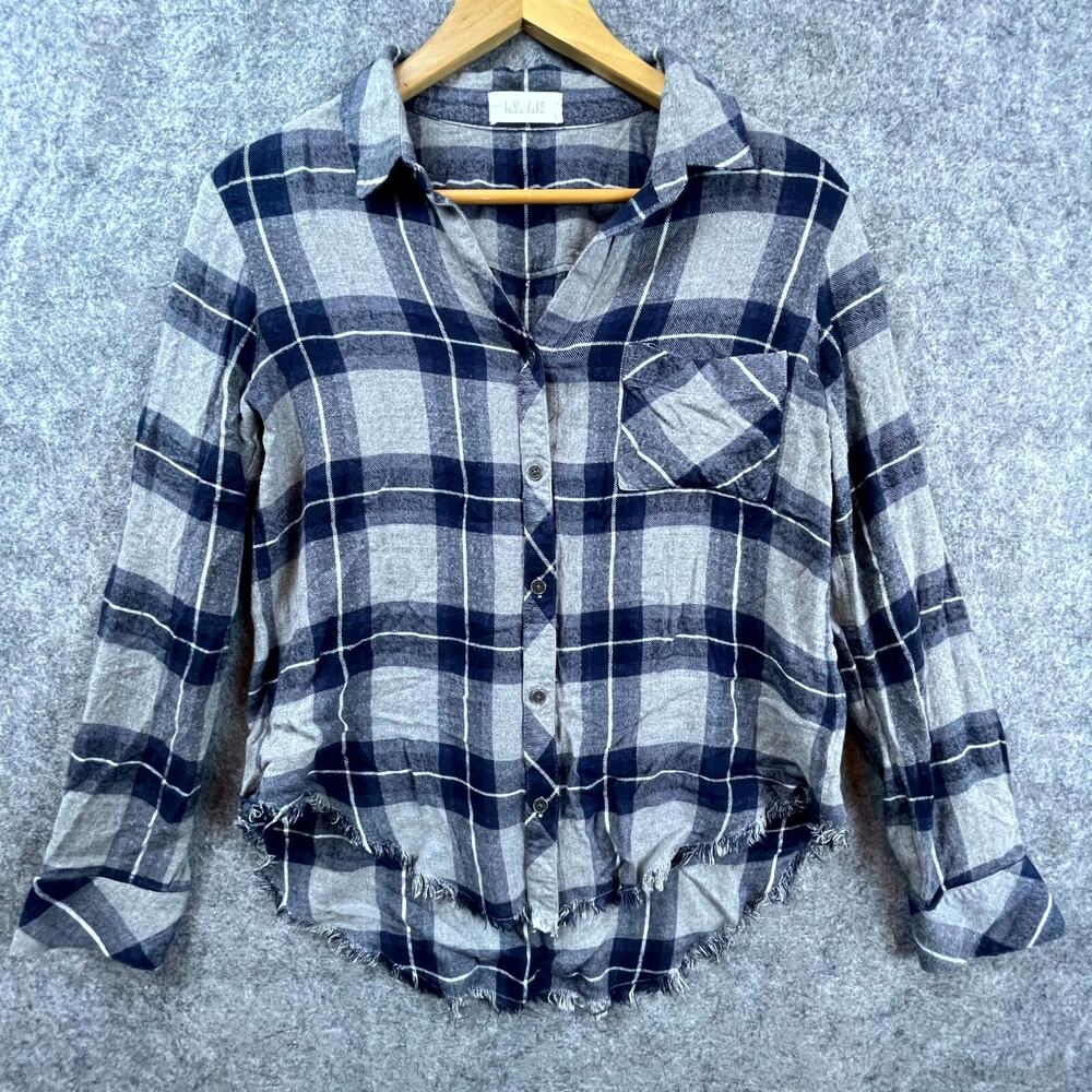 Bella Dahl Flannel Shirt Women S Gray Blue Plaid Grunge Roll Tab 90s Frayed